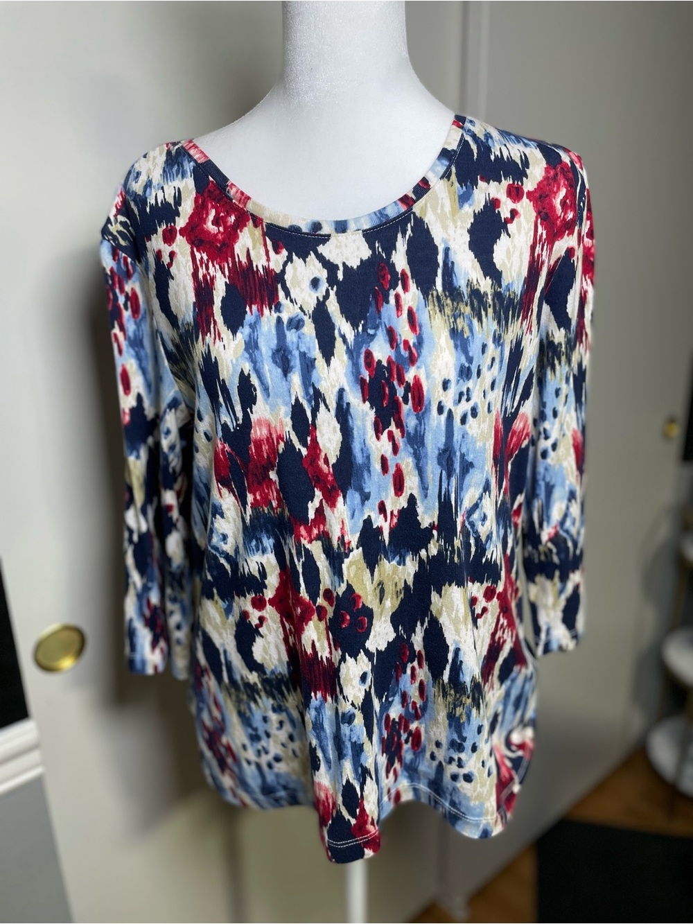 Christopher & Banks Abstract Scoop Neck Top - Navy, Red & Light Blue